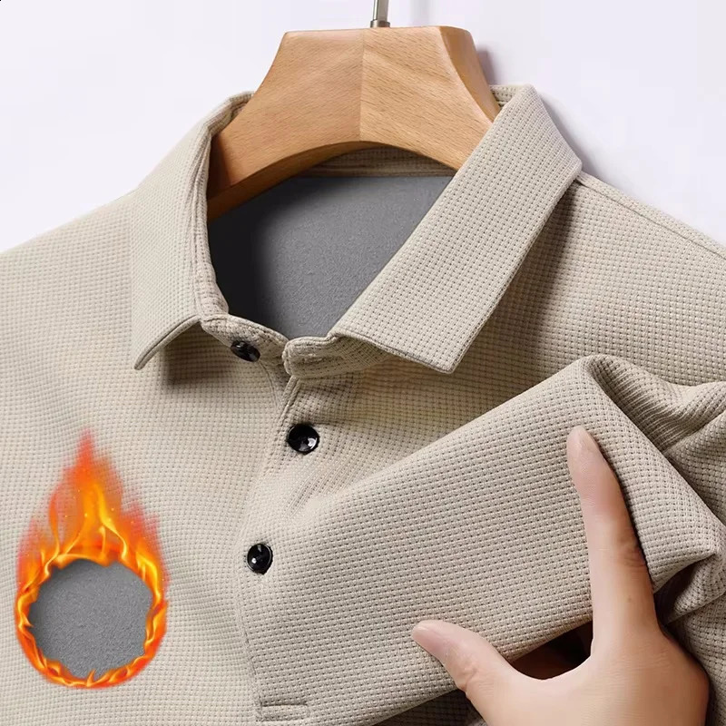 Waffle Fleece Thicken Fashion Polo Shirt Men Winter Warm Plush Business T-Shirt Tops Male Casual Button Lapel Long Sleeve Shirts 250409