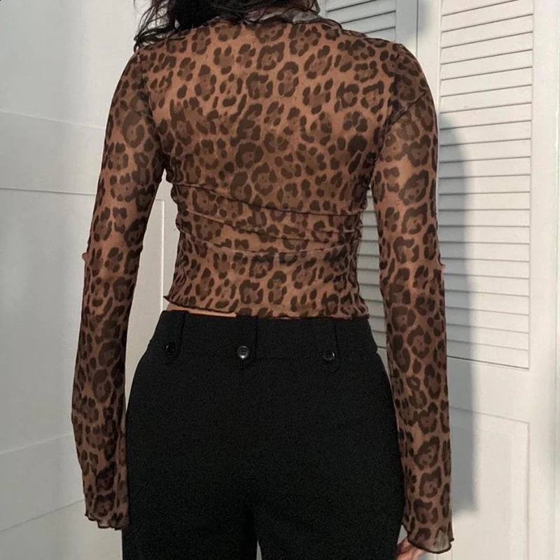 Cibbar y2k sexy mesh crop top retro 2000s leopard print ruffled edge patch work bandage cardigan womens transparent club T-shirt 250410