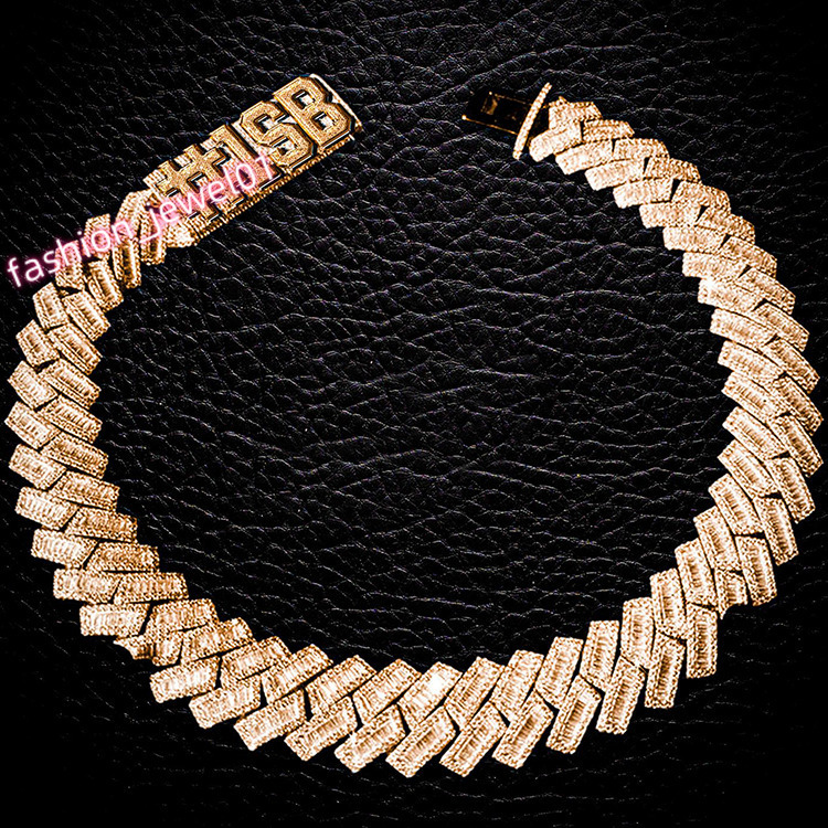 Baguette Diamond 20mm 18k Gold Plated Silver Cuban Chain Necklace Vvs Moissanite baguette Cuban Link Chain