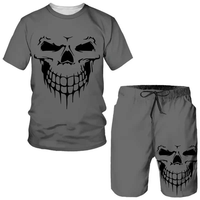 Skull 3D 2-piece mens printed 2025 summer short sleeved sportswear Gothic graphic top set mens lightweight and breathableXJ250412