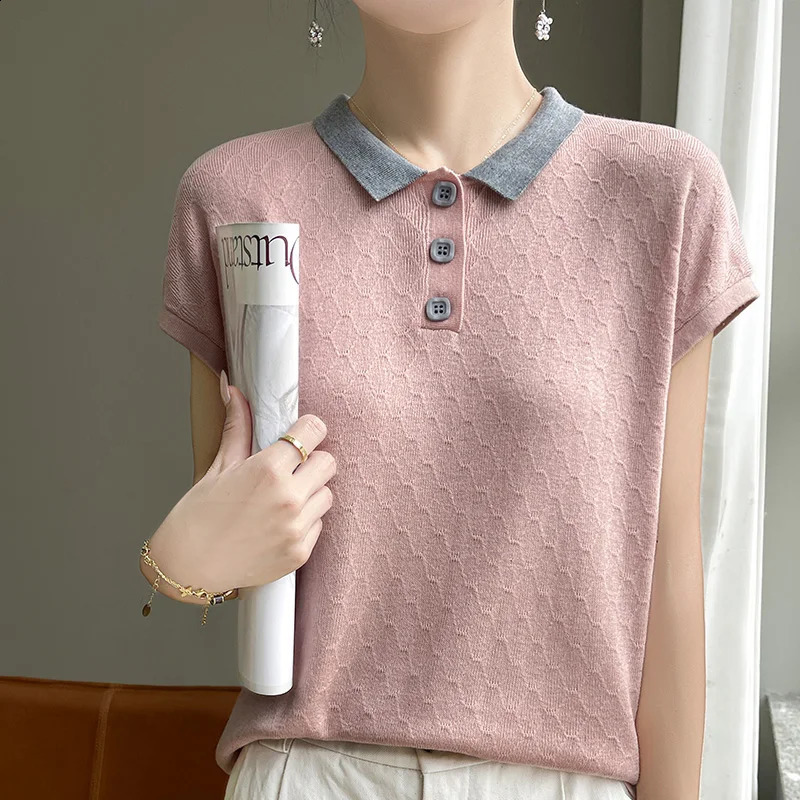 Womens T-shirt Summer Worsted Knitted Sweater Short Sleeve Casual Splicing Ladies Clothes POLO Collar Tops Loose Tees 250411