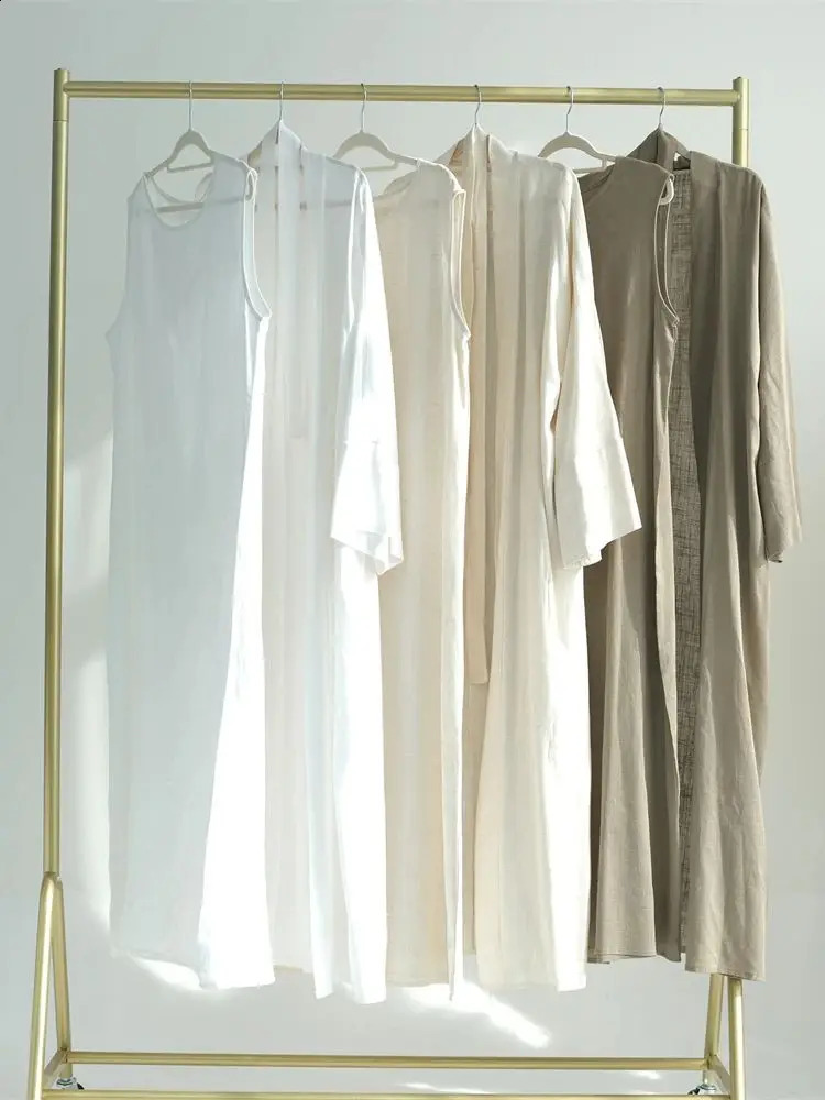 Eid al Fitr Summer Cotton Linen Kimono Coat Dubai Open Abaya Muslim Womens Set Retro Kaftan Humble Dress Islamic Clothing Ka 250411