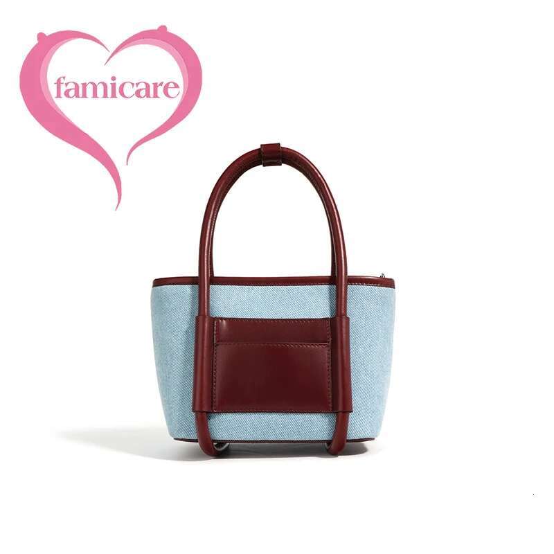 2024 New Women Bag Lady Summer Mini Basket Handbag Tote Female Denim Fabric With Genuine Leather Cross-Body Shoulder Messenger