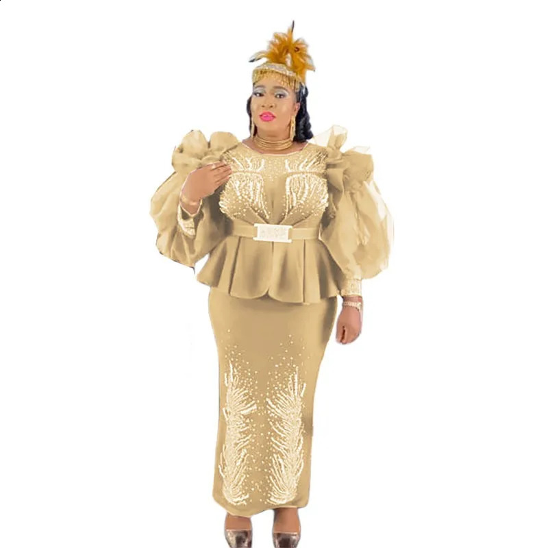 Large African Party Womens Elegant Autumn Long Sleeve Diamond Wedding Christmas Dress 250411