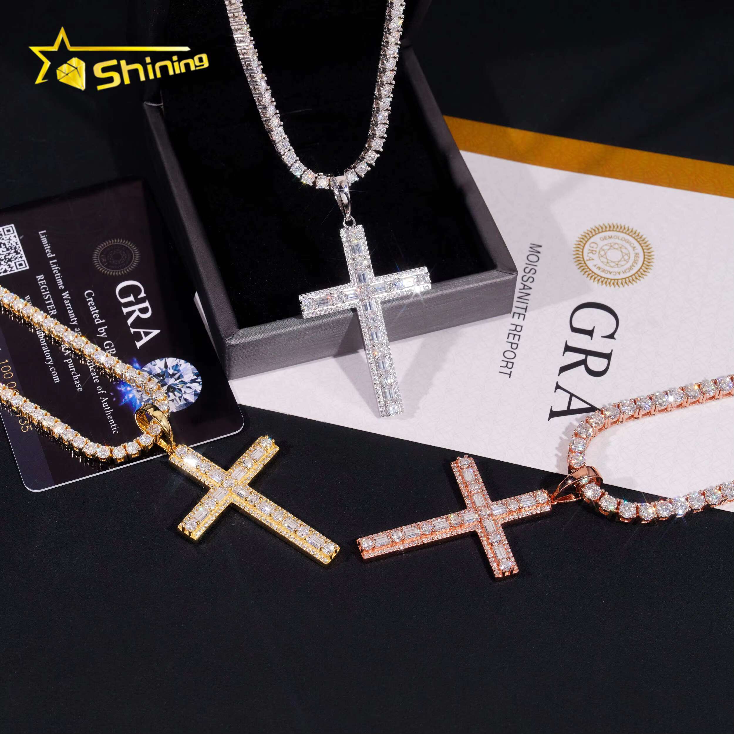 Hot Sale Baguette Moissanite Cross Pendant 925 Sterling Silver Gold Plated Pass Diamond Tester GRA Moissanite Charms Necklace