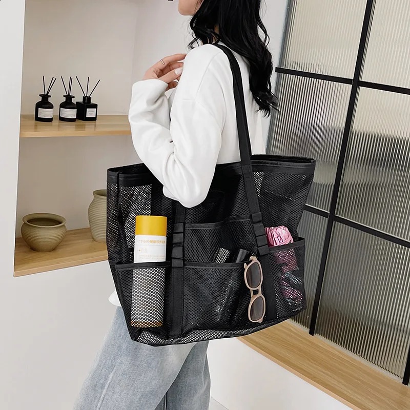 Large Capacity Canvas Beach bag Versatile Commuting Shopping Shoulder bag Lightweight Semi Transparent Mesh Hollow bag 250407