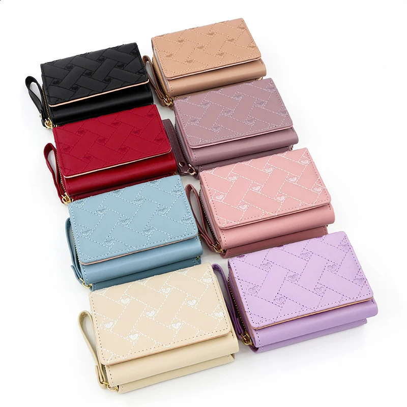 Womens large capacity cute wallet PU three fold card bag with multiple pockets short wallet fashion embroidery love pattern wallet 250411