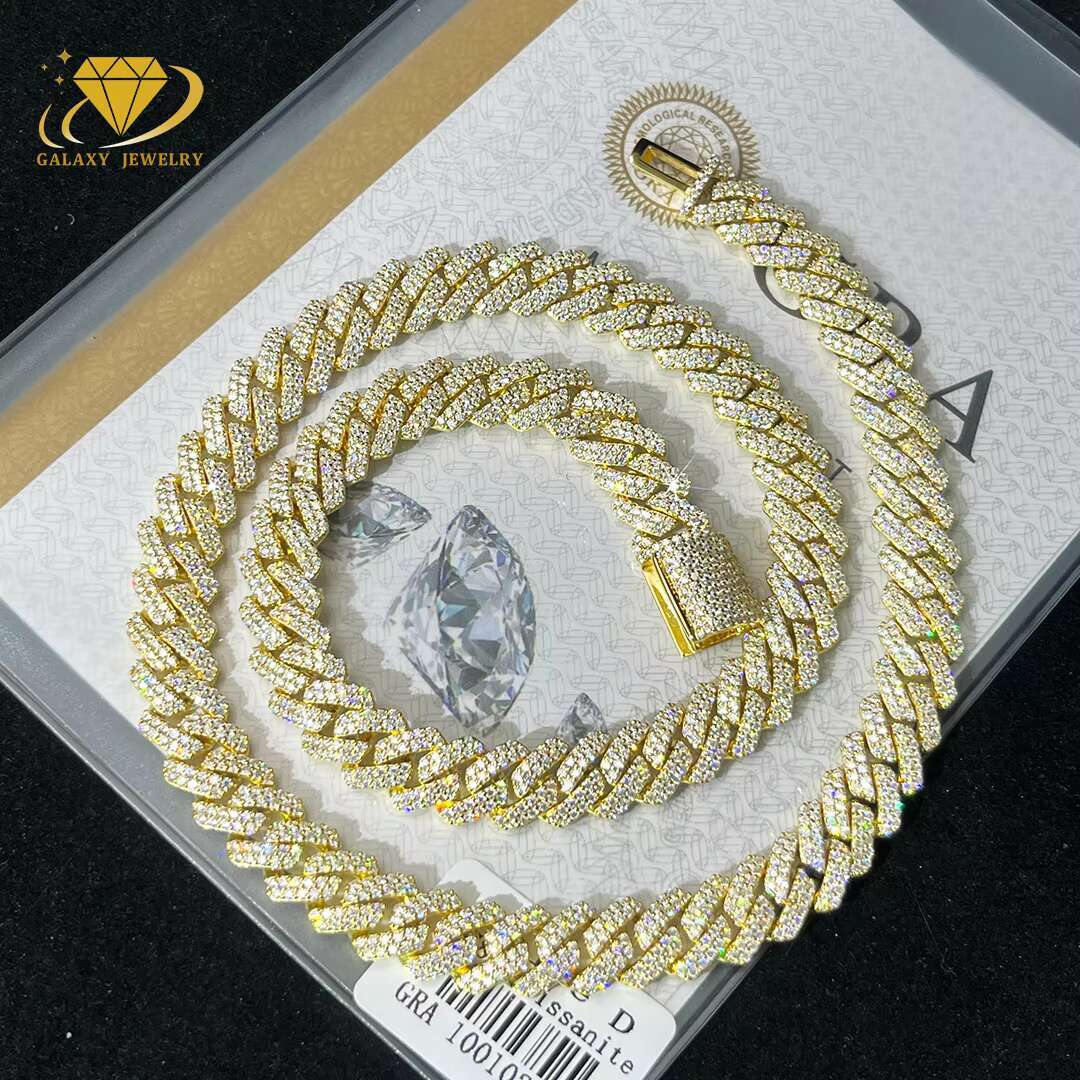 Hip Hop Jewelry 12mm Diamond Prong Moissanite Cuban Chain Yellow Gold Cuban Link Chain Necklace Bracelet for Men and Women