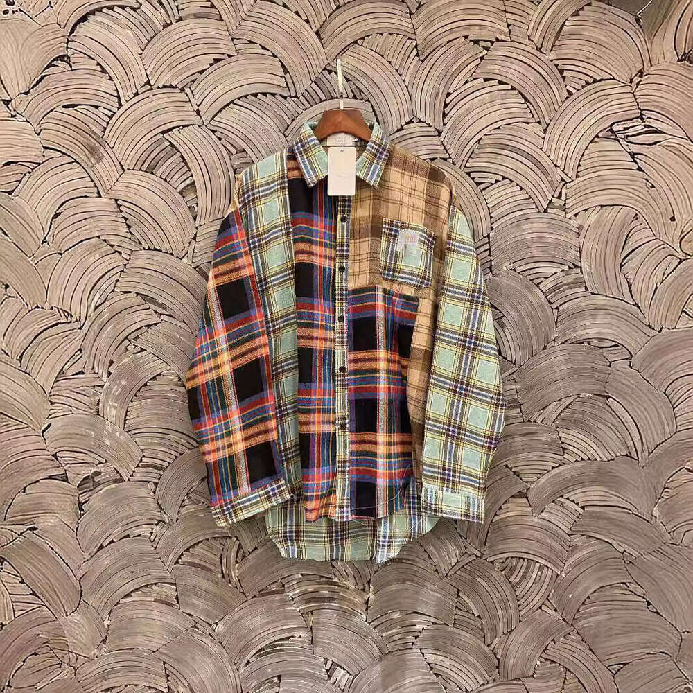 Cotton Brushed Embroidered Checkered Elements, Heavyweight Fringed Edge Shirt For Men And Women, Couple Style B5