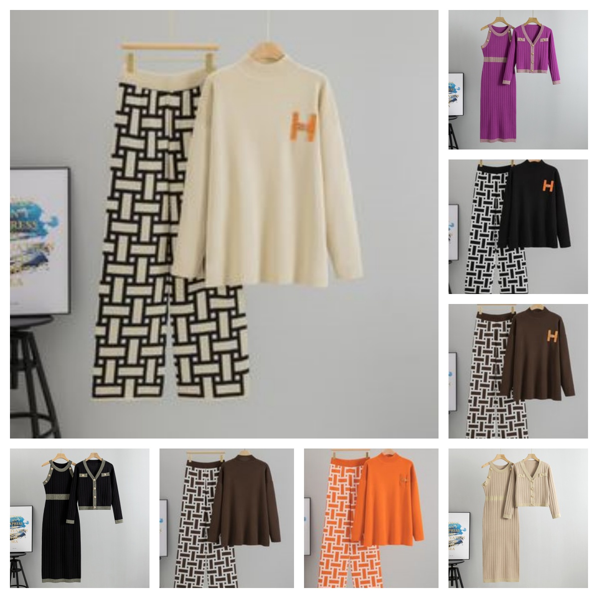 Women's Half High Neck Knit Sweater Set - Casual Wide Leg Pants Two-Piece Outfit