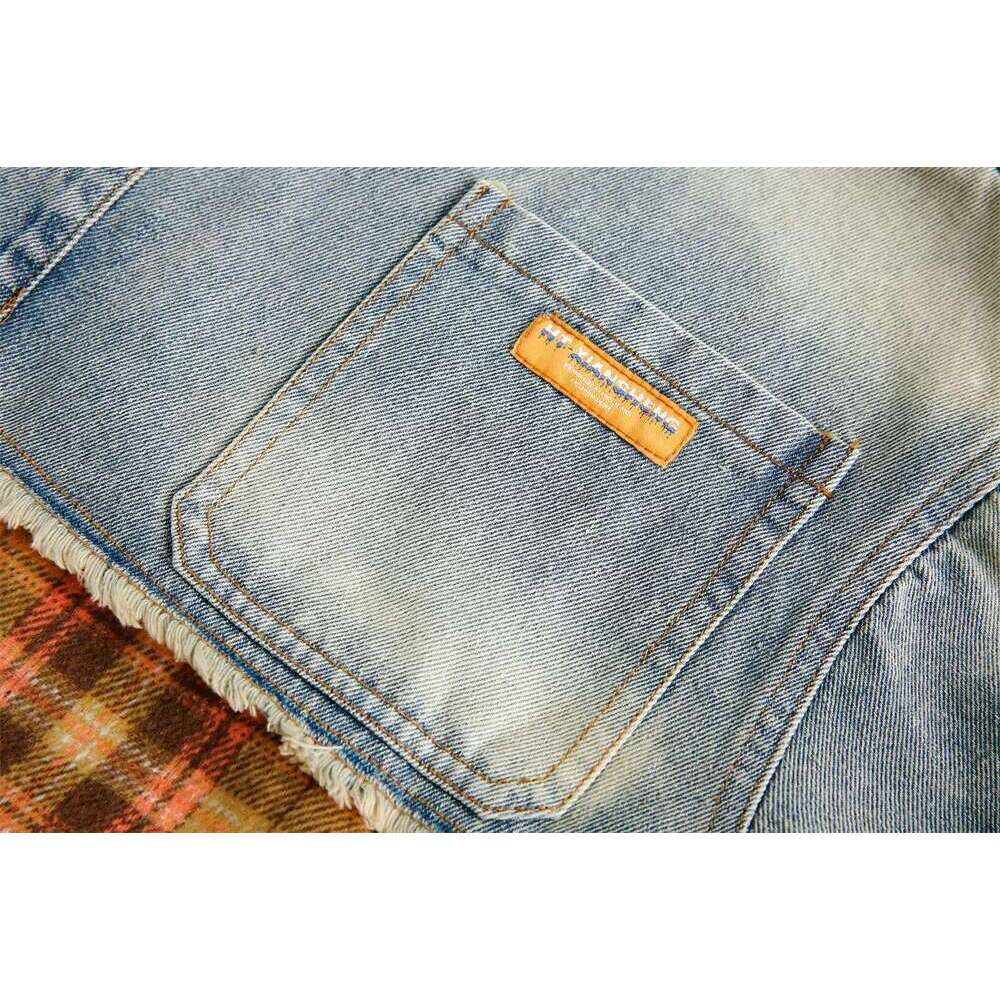 Denim Plaid Spliced Mens Washed Distressed Autumn High Street Lapel Pocket Single Breasted Long Sleeve Shirts