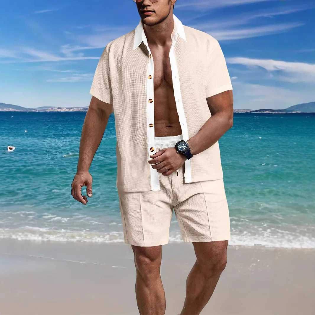 Mens fashion trend casual collar button color shirt short sleeved shorts set summer beach mens sports two-piece setXJ250412
