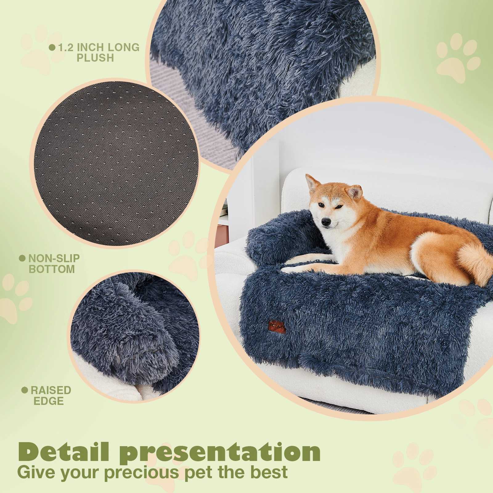 Dog sofa mattress with fluffy plush dog sofa bed equipped with a blanket and a detachable and washable pet protector suitable for medium and large dog