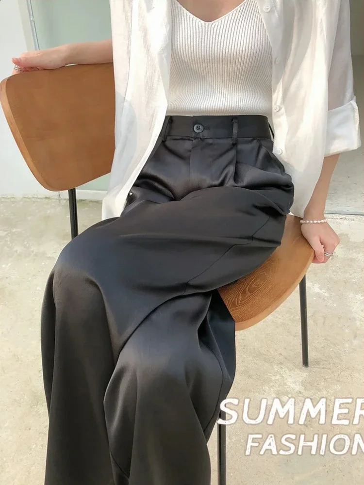 Satin wide leg womens high waisted summer silk suit straight pants elegant casual womens pants 250408