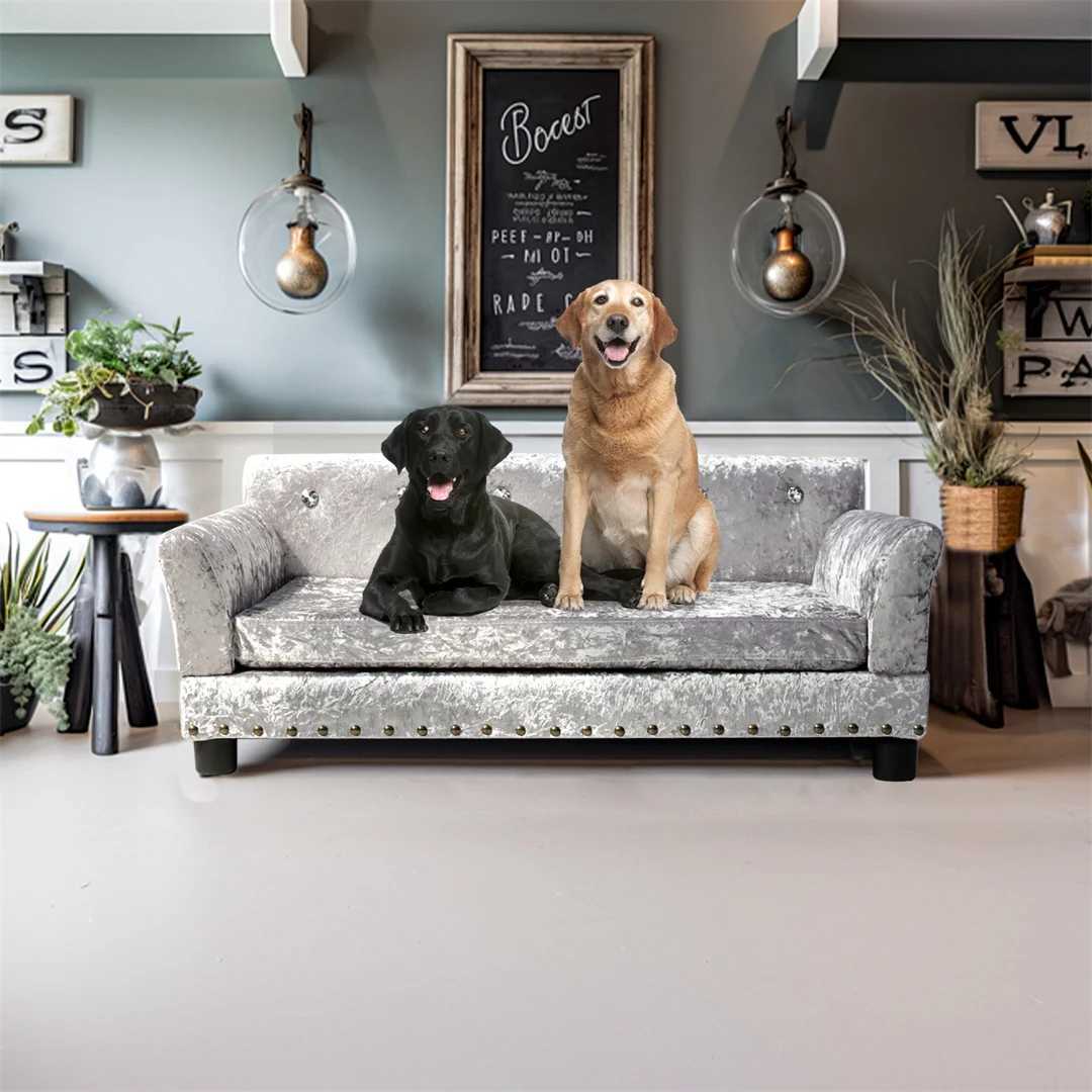 Luxury dog sofa bed with silver Dutch velvet decoration equipped with detachable pads suitable for medium to large dogs X250412