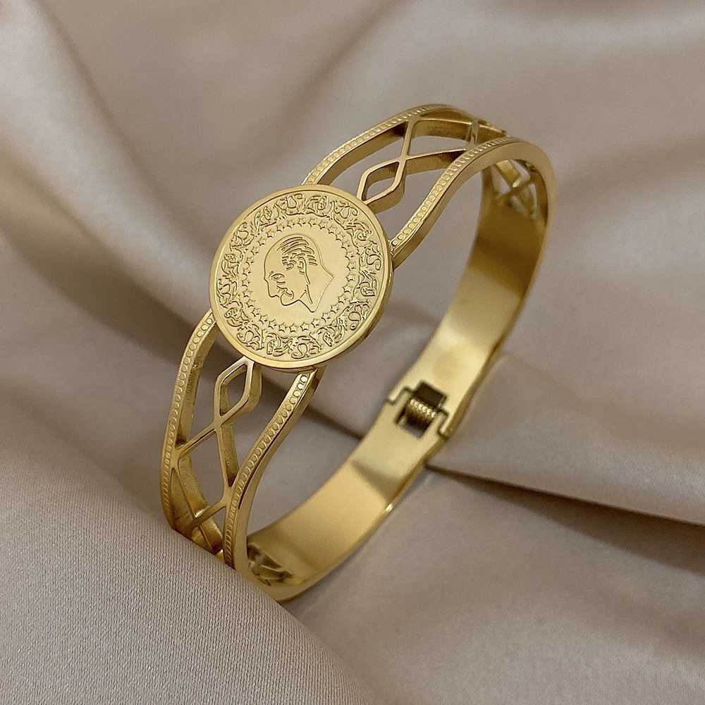 Vintage Coin Gold Plated Stainless Steel Bracelets Irregular Hollow Geometric Wide Cuff Bangle Bracelet Waterproof JewelryC250411