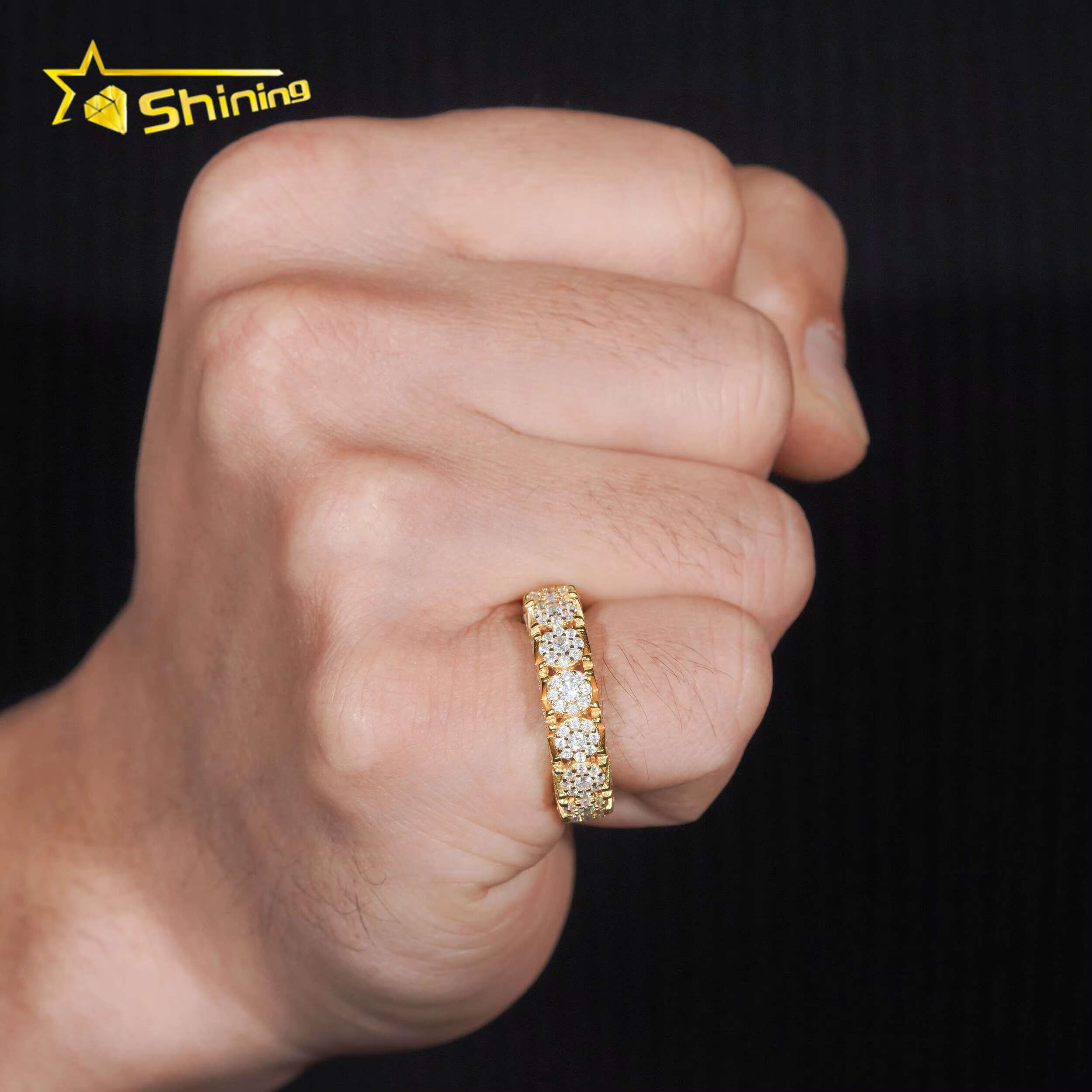 New Design Flower Setting 925 Sterling Silver Gold Plated Iced Out Moissnaite Pass Diamond Tester Hip Hop Mens Rings