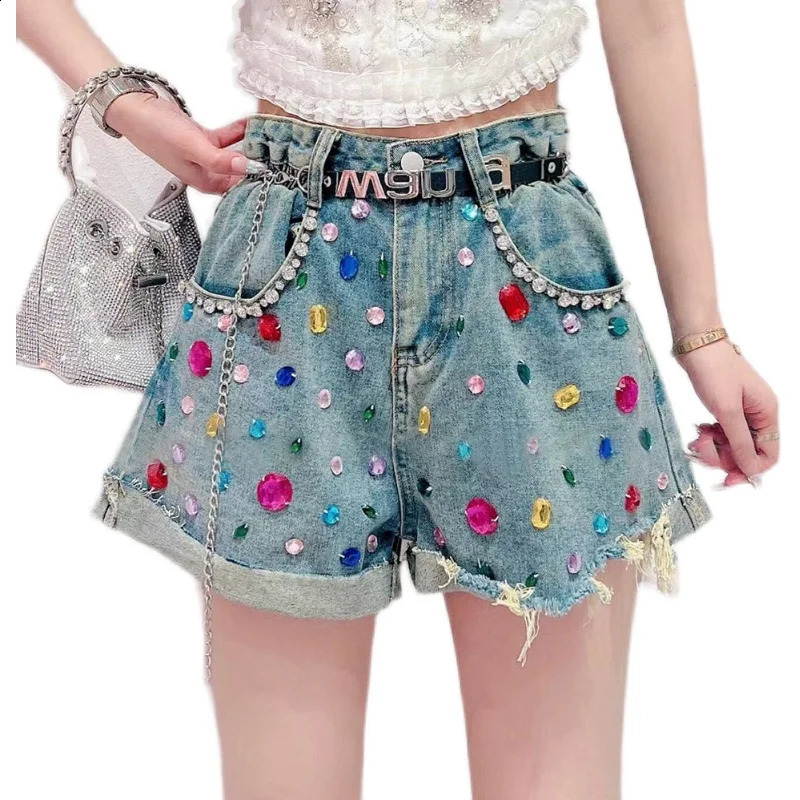 Bling Diamond Denim Shorts Womens Streetwear n Hole Sequin Fashion All-Matched Jeans Shorts Summer Casual Loose Pants 250411