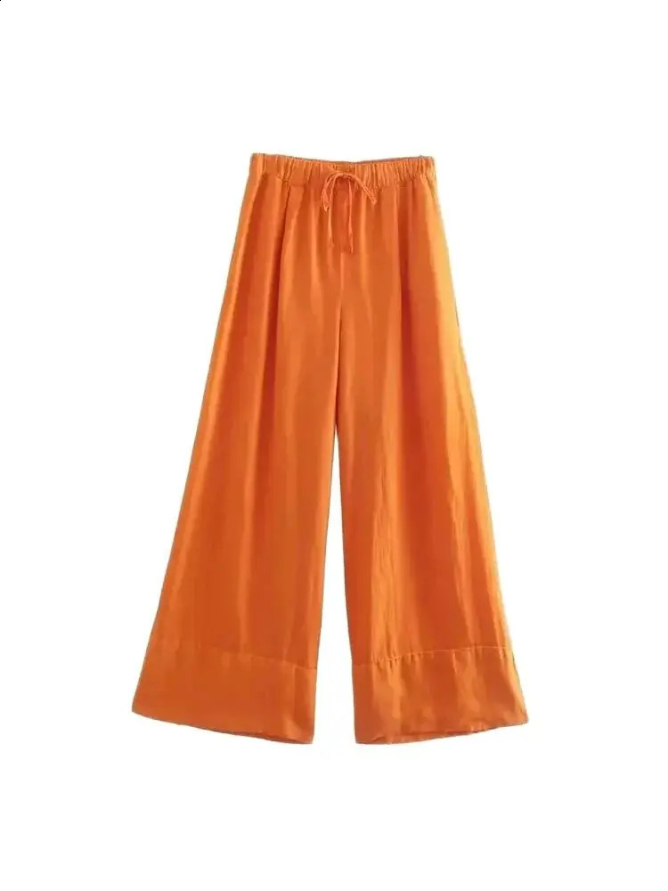 TRZA Women Fashion Side Pockets Linen Wide Leg Pants Vintage High Elastic Waist With Drawstrings Female Trousers Mujer 250411