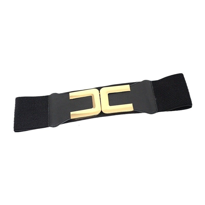 Fashionable minimalist women's black elastic wide waistband with gold buckle decorative skirt, coat, versatile and slim fit waist seal