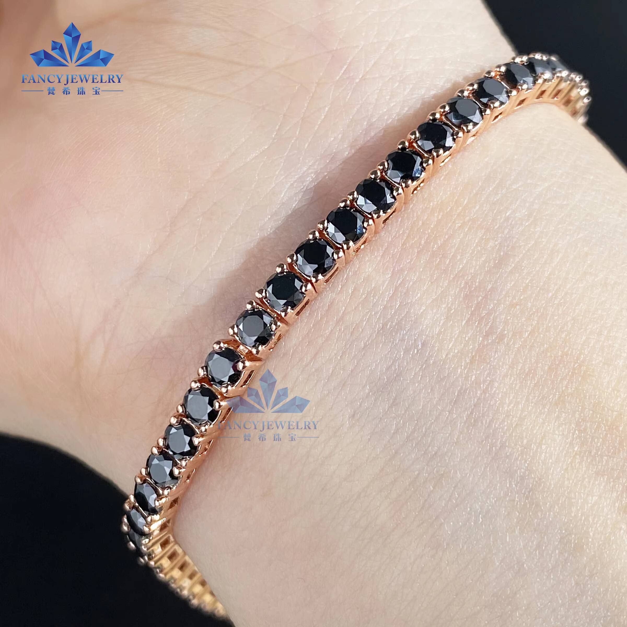 Hip Hop Jewelry 925 Sterling Silver Gold Plated Black Moissanite Diamond Tennis Bracelet