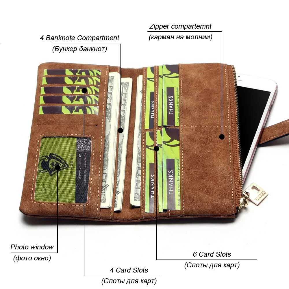 2023 New Womens Wallet Drawstring Nubuck Leather Zipper Long Design Wallet Double Folding Color Clutch Hot Card Bag Z250411