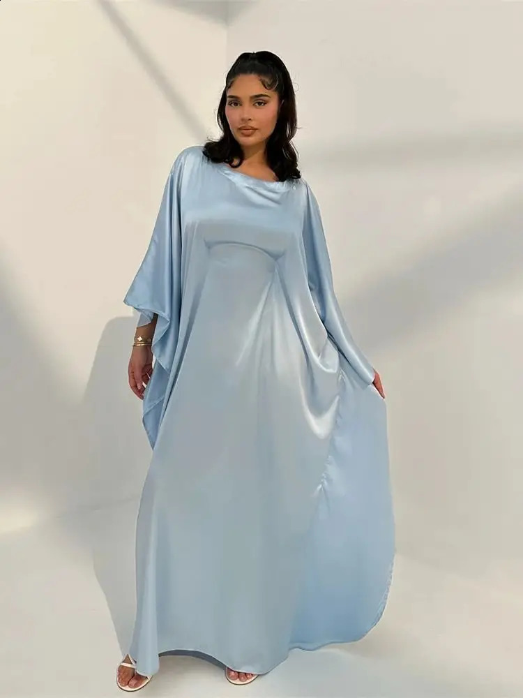 Eid al Fitr Shining Batwing Satin Dubai y Muslim Abaya Women Maxi Kaftan Dress Islamic Clothing Moroccan 250411