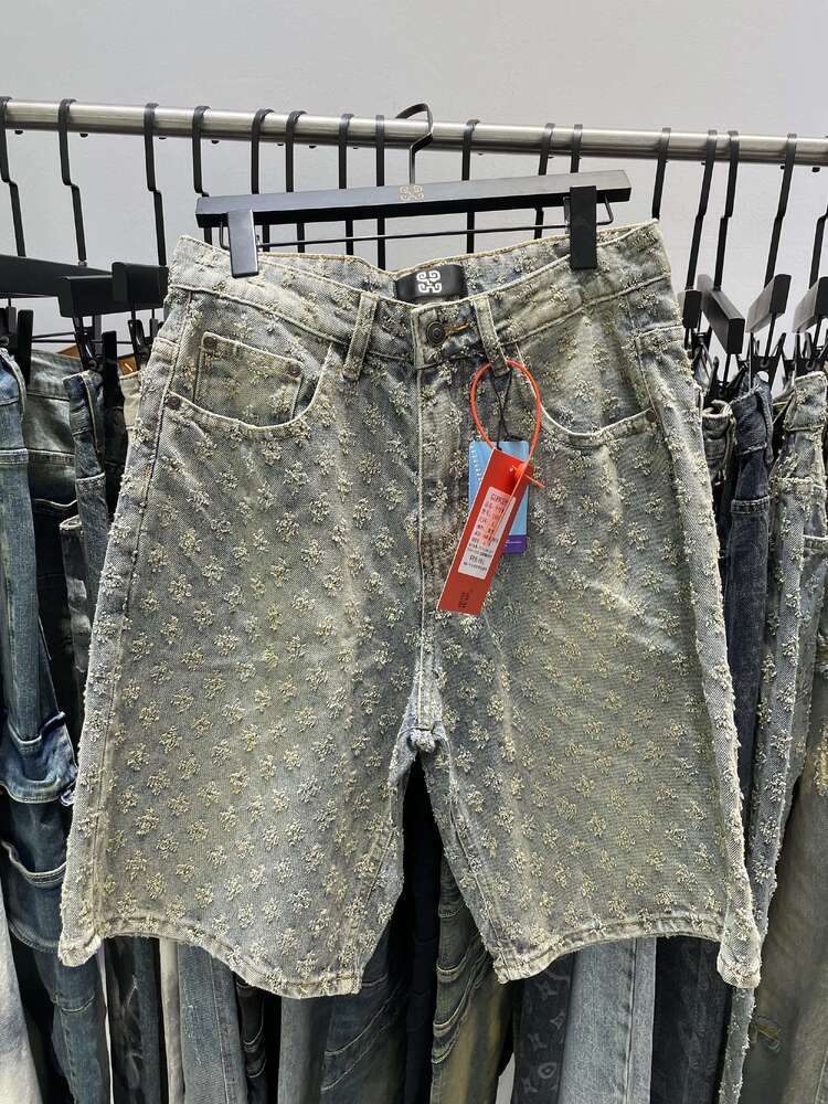 New Summer Men Distressed Short Jeans Vintage Jacquard Straight Leg Men's Denim Shorts Pants