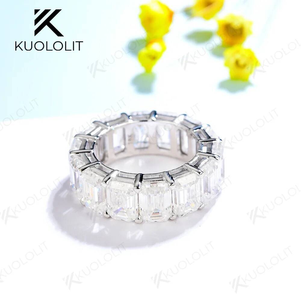 Kuololit 14CTW Emerald Cut Moissanite Ring for Women Solid 18K 14K 10K Gold Eternity Full Band for Engagement with Certification