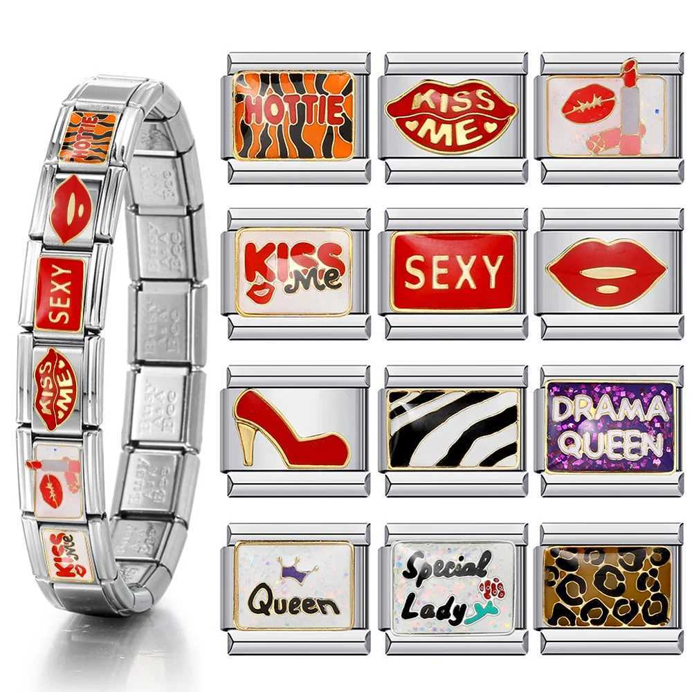 Y2K Sexy Lady ItalianCharmBracelet Stainless Steel ElasticLinkChain Kiss Lipstick High Heels Diy Making Jewelry AccessoriesC250411