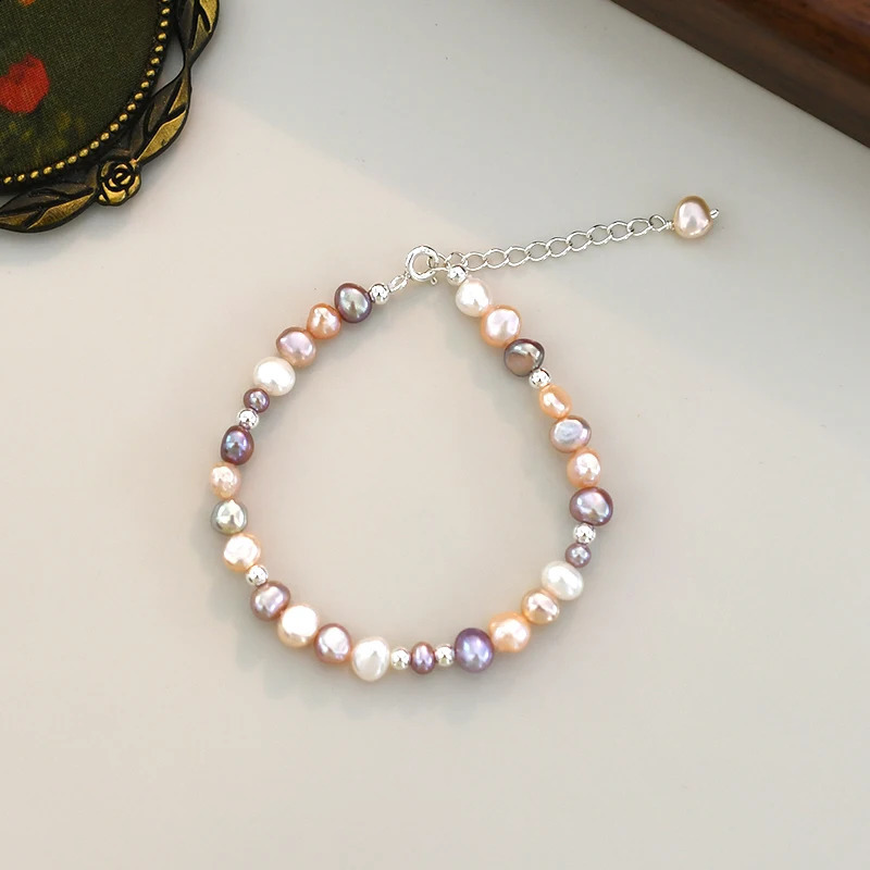 ASHIQI 5mm Natural Baroque Pearl Multi Color Bracelet 925 Pure Silver Jewelry 250409