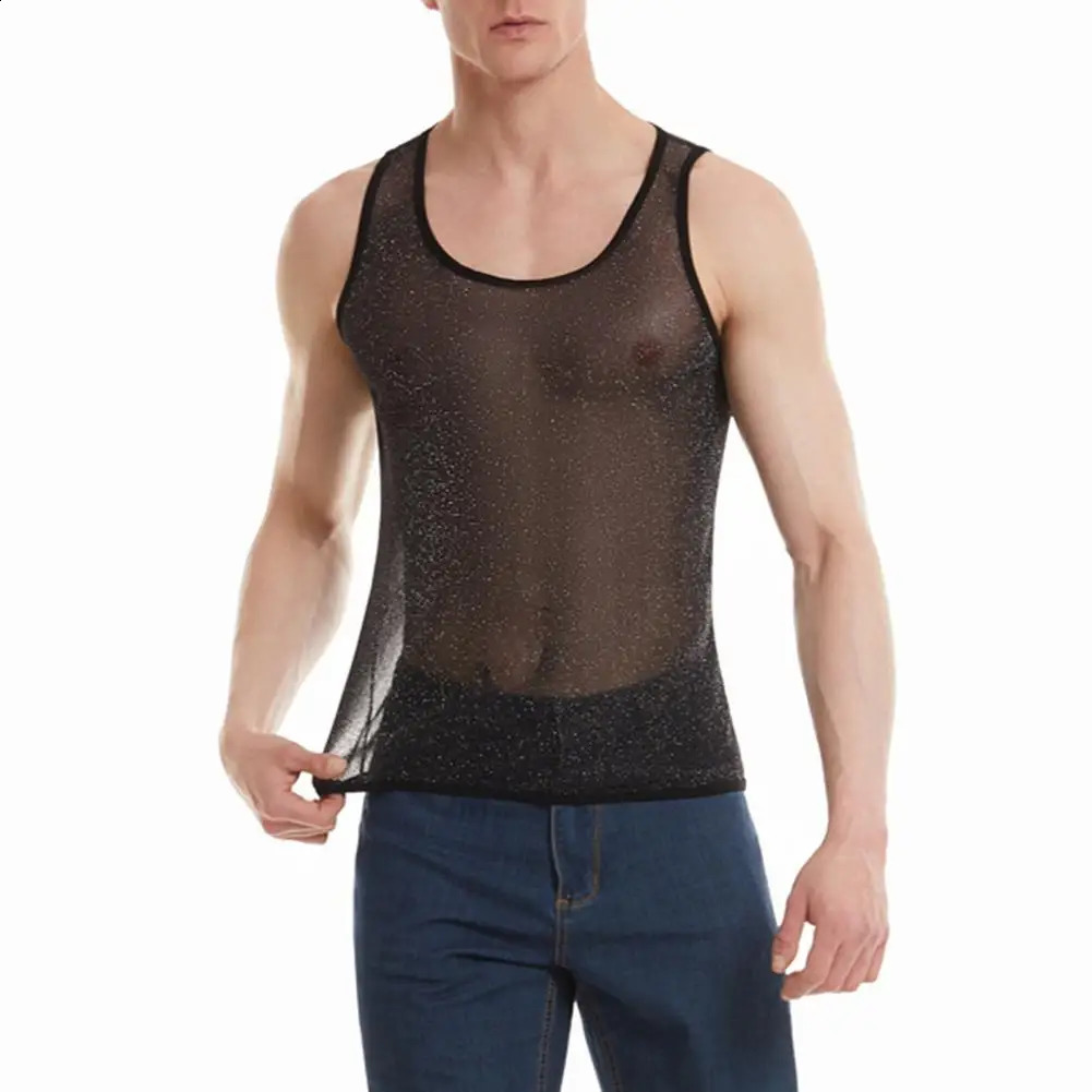Mens Mesh Tank Top Sleeveless Glittery Transparent Vest Casual See Through Muscle Tee Shirt for Daily Wear Gym Fitness 250407