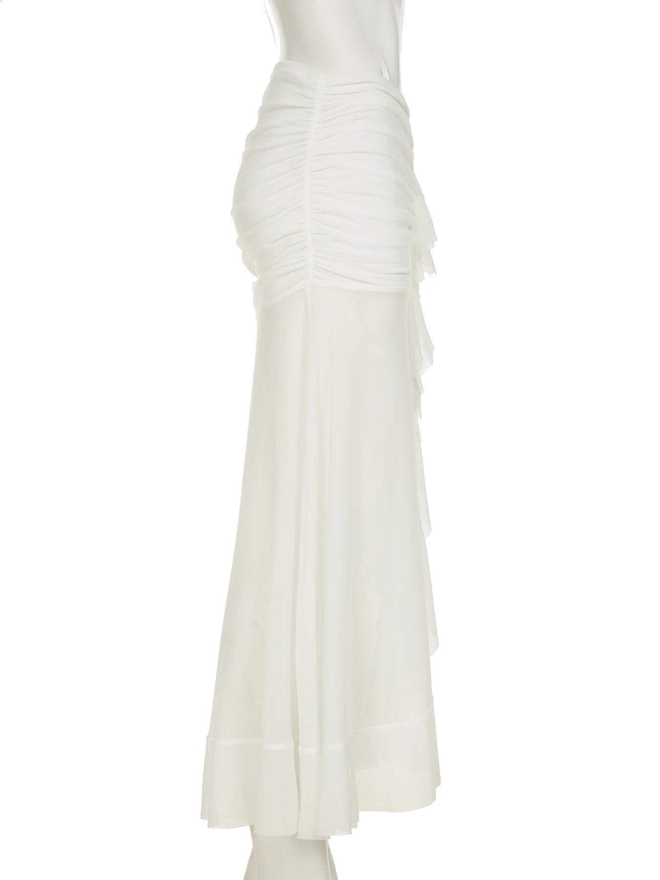 IAMSURE Holiday Ruffles Split Mesh Skirts See Through Beach Style Solid Low Waisted Maxi Skirts Women Summer Fashion Women 250408