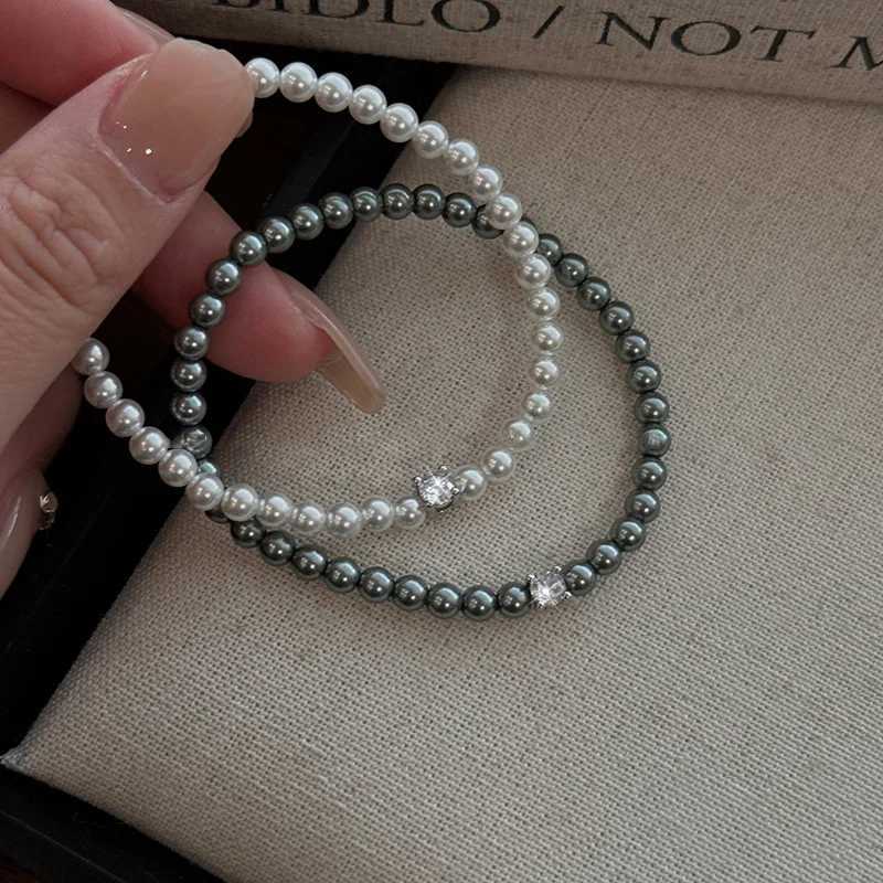 Romantic French Shiny Zircon White Gray Simulated Pearl Beaded Strand Bracelets for Women Simple Elegent Jewelry AccessoriesC250411