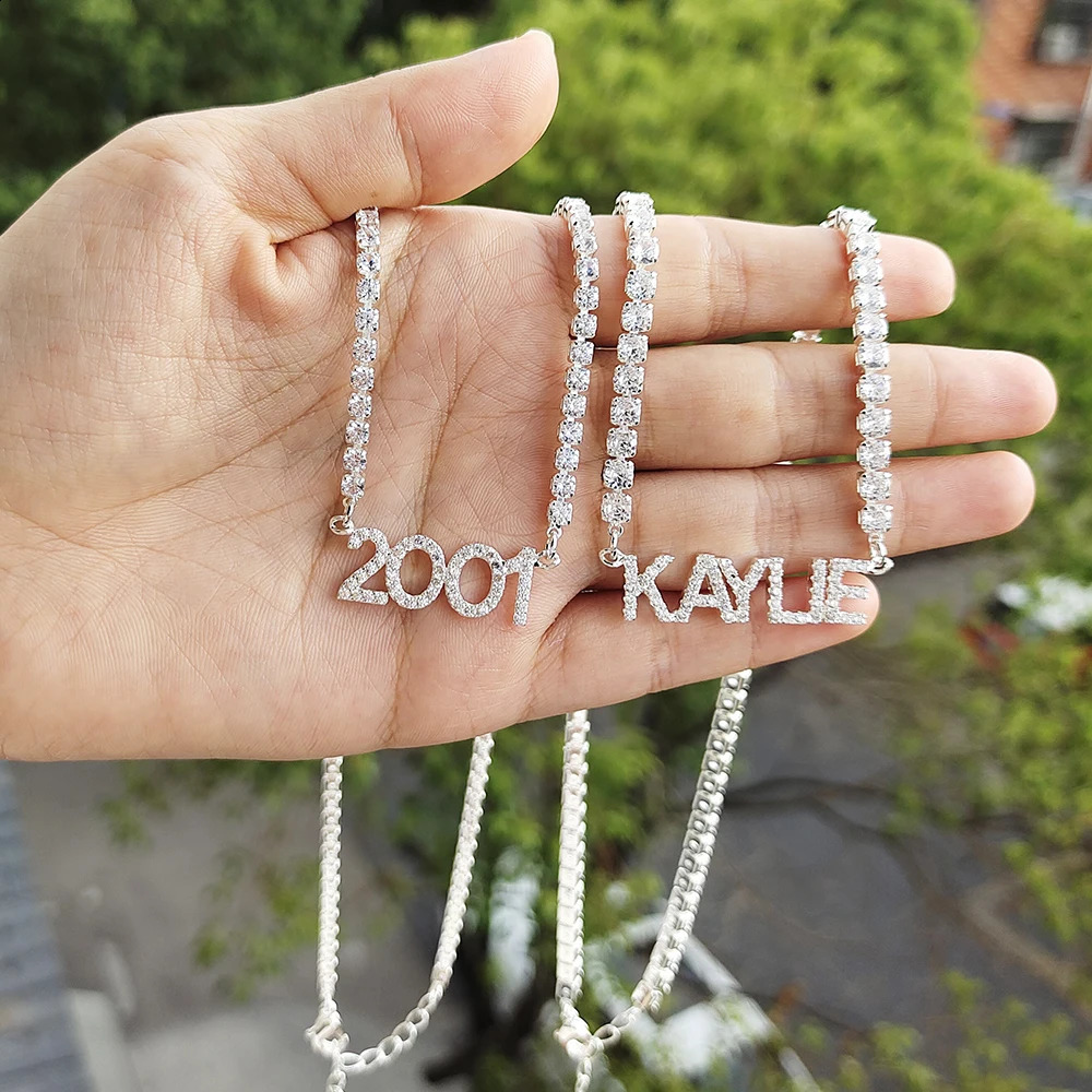 Customized Name Necklace with 9mm Tennis Chain Name Year Necklace Number Personalized Crystal Pendant Christmas or Halloween Gift 250409