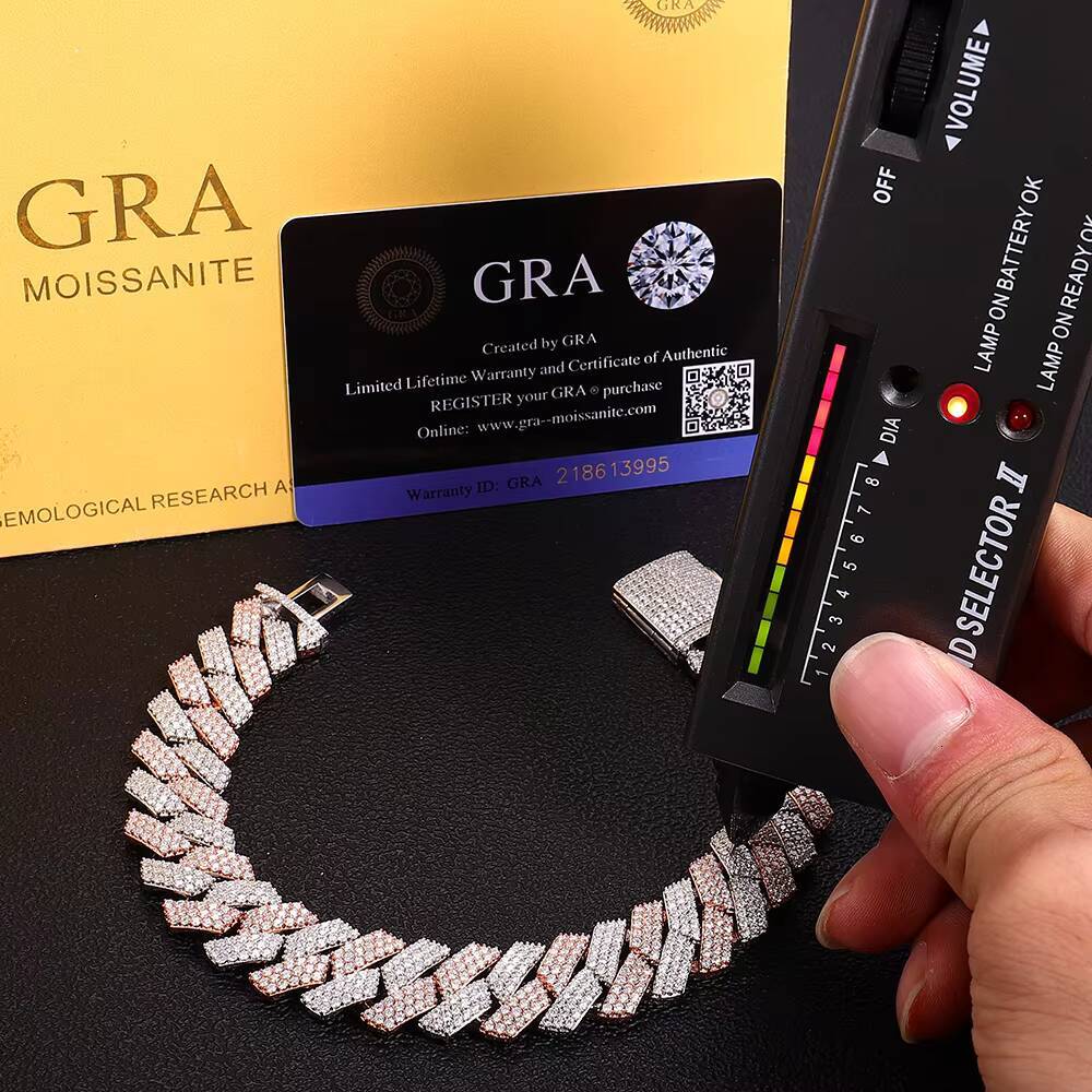 New Product Two 2 Tone Rose Gold and White 3 Row 15mm VVS Moissanite Bracelet 925 Solid Sterling Silver Cuban Chain Link Men