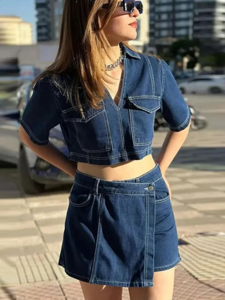 Street Denim Hem Mini Skirt Set Women Lapel Loose Short Sleeve Cropped Tops Irregular Shorts Suit 2025 Y2k Solid Outfits 250411
