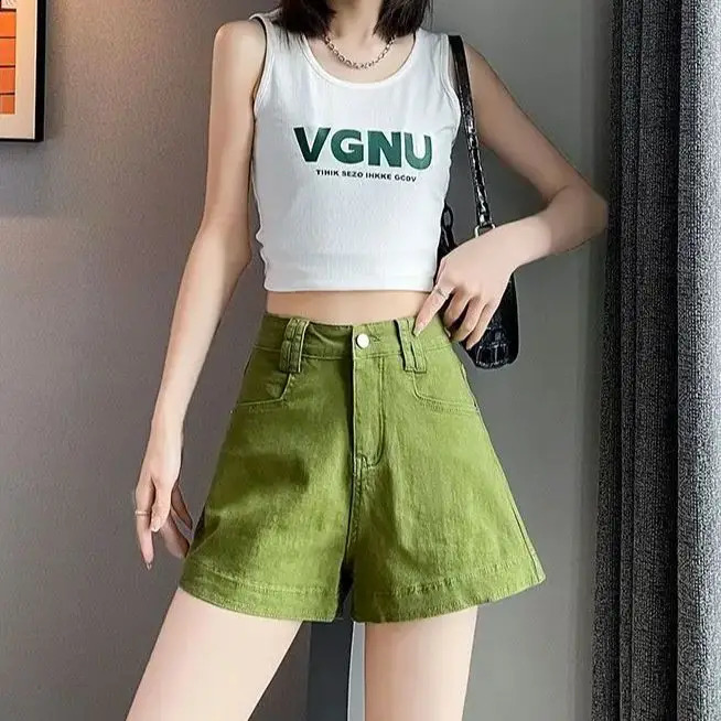Denim shorts green shorts thin and soft summer casual loose fit retro jeans womens long leg denim shorts 250411