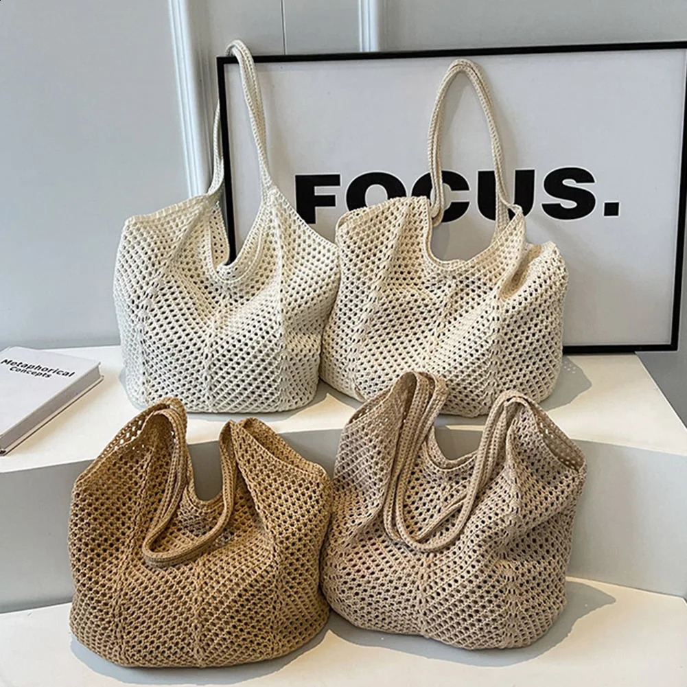 Women Hollow Summer Bag Solid Color Aesthetic Hobo Bag Large Capacity Knitted Tote Handbag Ladies Daily Handbag 250407