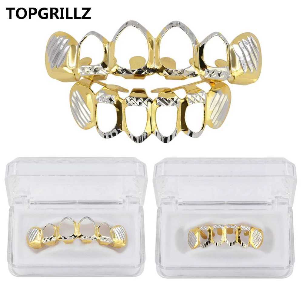 TOPGRILLZ New Gold Silver Hollow Open Dlampnd Cutting 6 Teeth Top and Bottom Grill Bracket Hat Hip Hop Grill Set Party Jewelry W250412