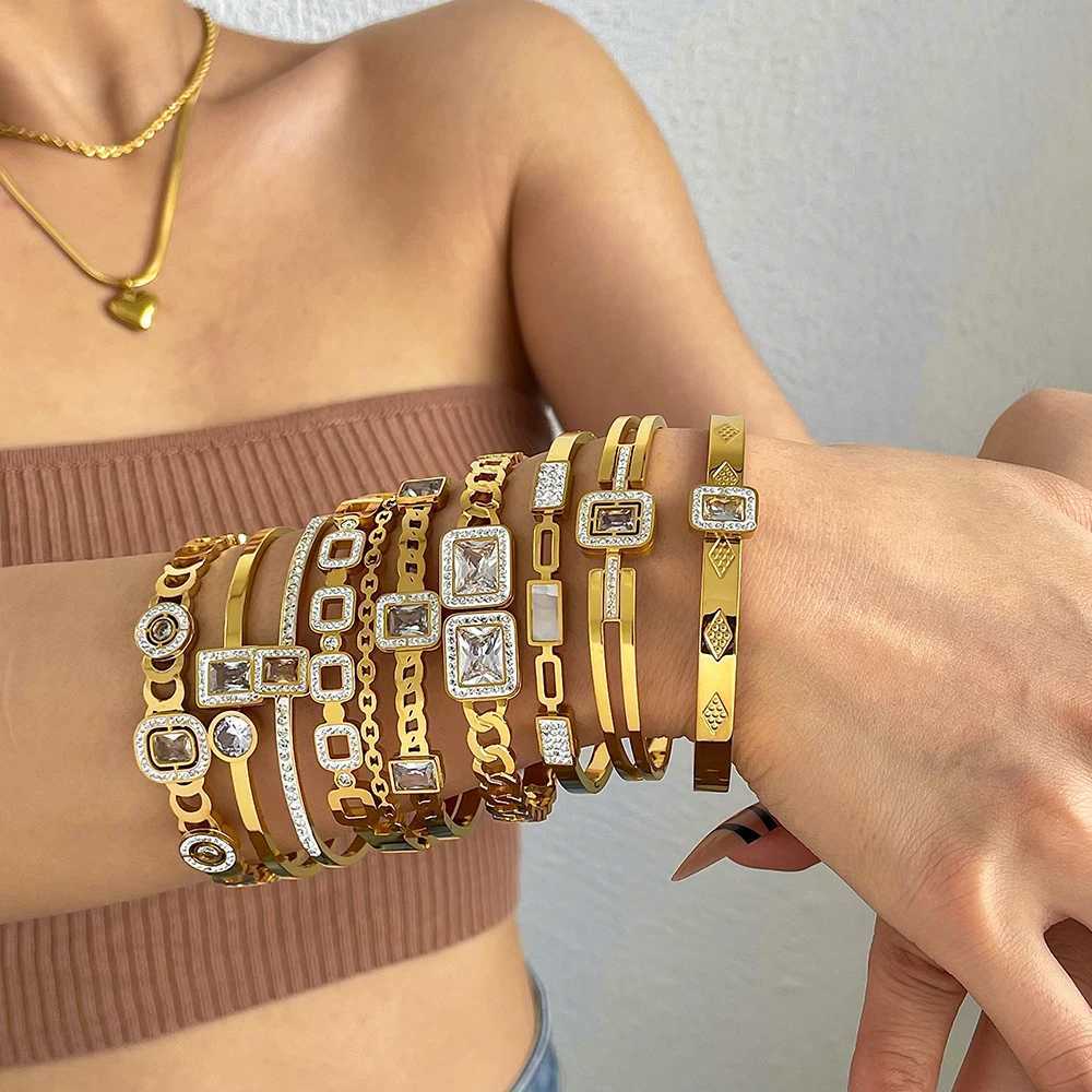 Flashbuy New Design Cubic Zircon Stainless Steel Bangles Bracelets for Women Geometric Gold Color Waterproof Fashion JewelryC250411