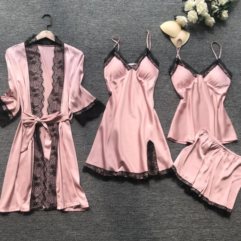 4 Pieces Womens Sexy Lace Pajamas Fashion V-Neck Gown Comfort Pajamas With Chest Pads Nightdress Casual Loungew 250409