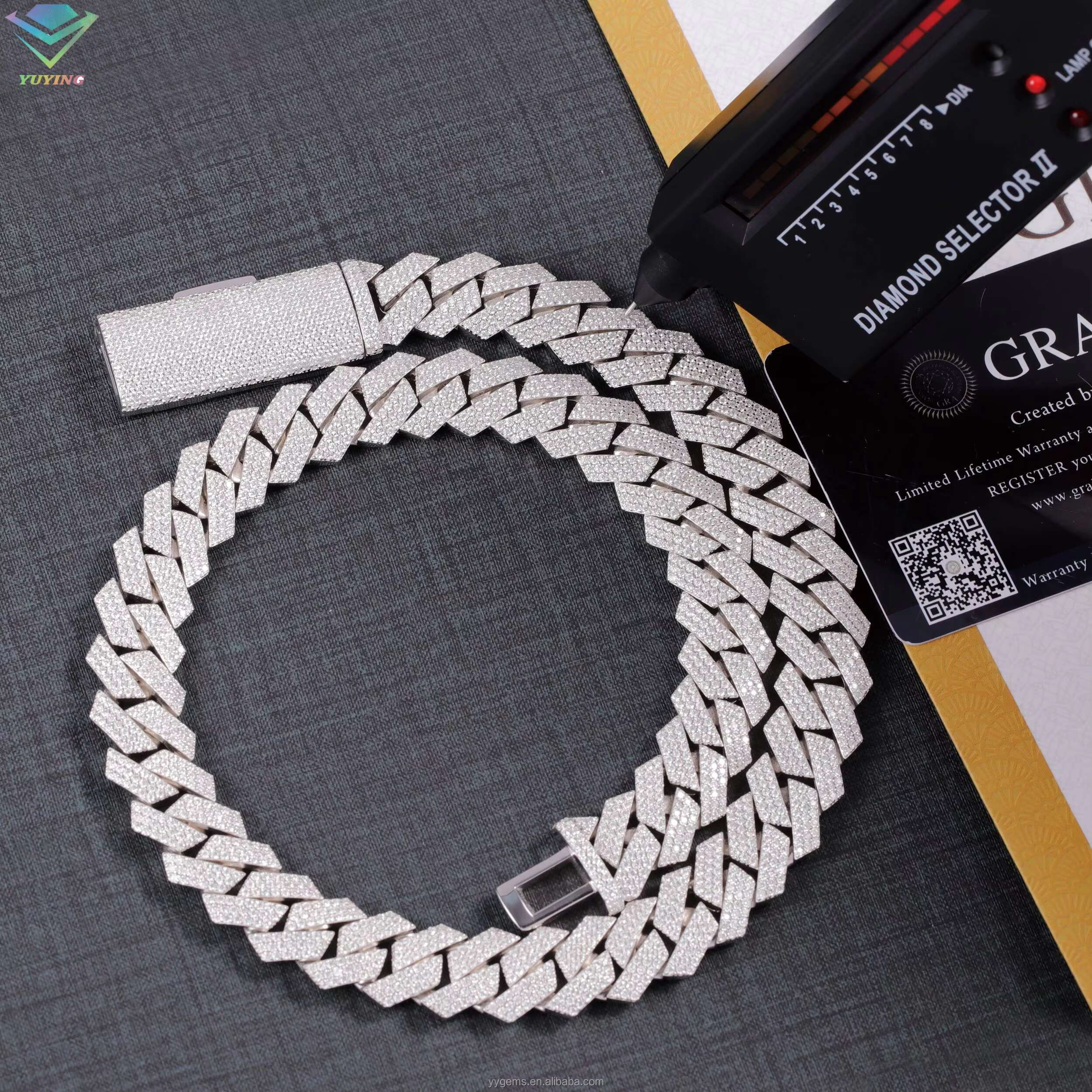 Heavy Silver 15MM 3Rows Cuban Chain Necklace 18k White Gold Plated VVS Moissanite Diamond Cuban Link Chain