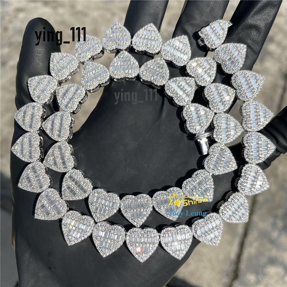 Gra Certificate Pass Diamond Tester Silver Necklace Vvs Moissanite 13mm Baguette Heart Iced Out Cuban Link Chain Hip Hop