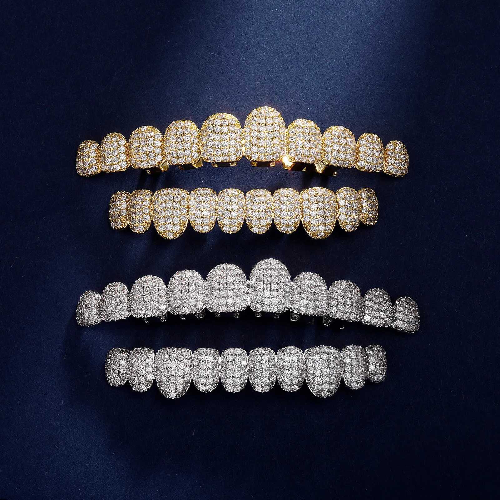 Rachelz Hip Hop 10/10 Ice Out CZ Stone Teeth Grillz Punk Rap Singer 14K Gold Plated Zircon Teeth Hat Mens Jewelry Gift W250412