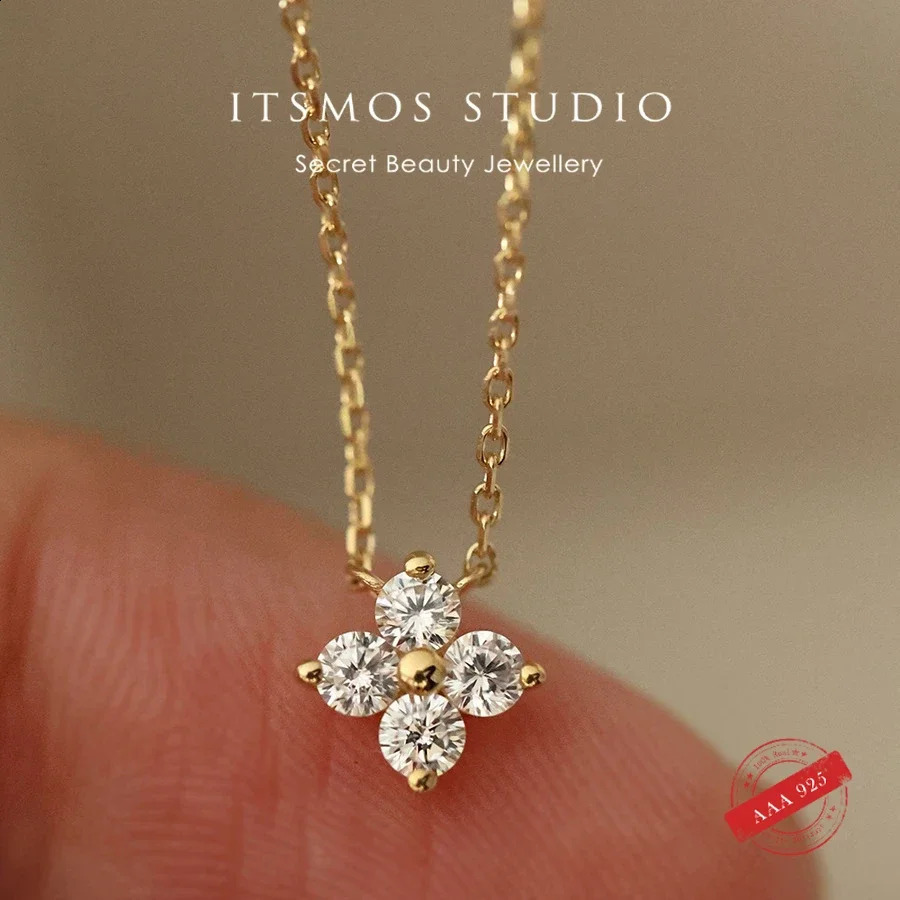 ITSMOS Solid 925 sterling silver zircon flower diamond pendant necklace Dainty Simple Gold necklace suitable for womens wedding parties 250408