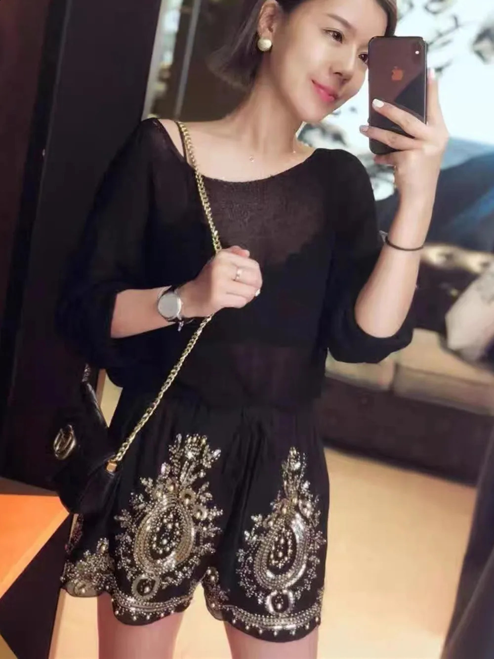 Sidaimi Women Summer Chiffon Shorts Floral Beading Wide Leg Shorts Sequined Bling Vocation Shorts Capris Female 250411