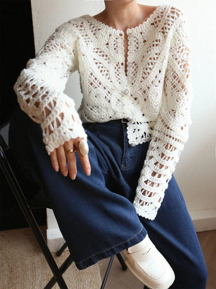 Women Handmade Hollow-out Slim Fit Cardigan 2025 Fashion Trends Crochet Sweater Spring Summer White Knit Bohemain Top 250411