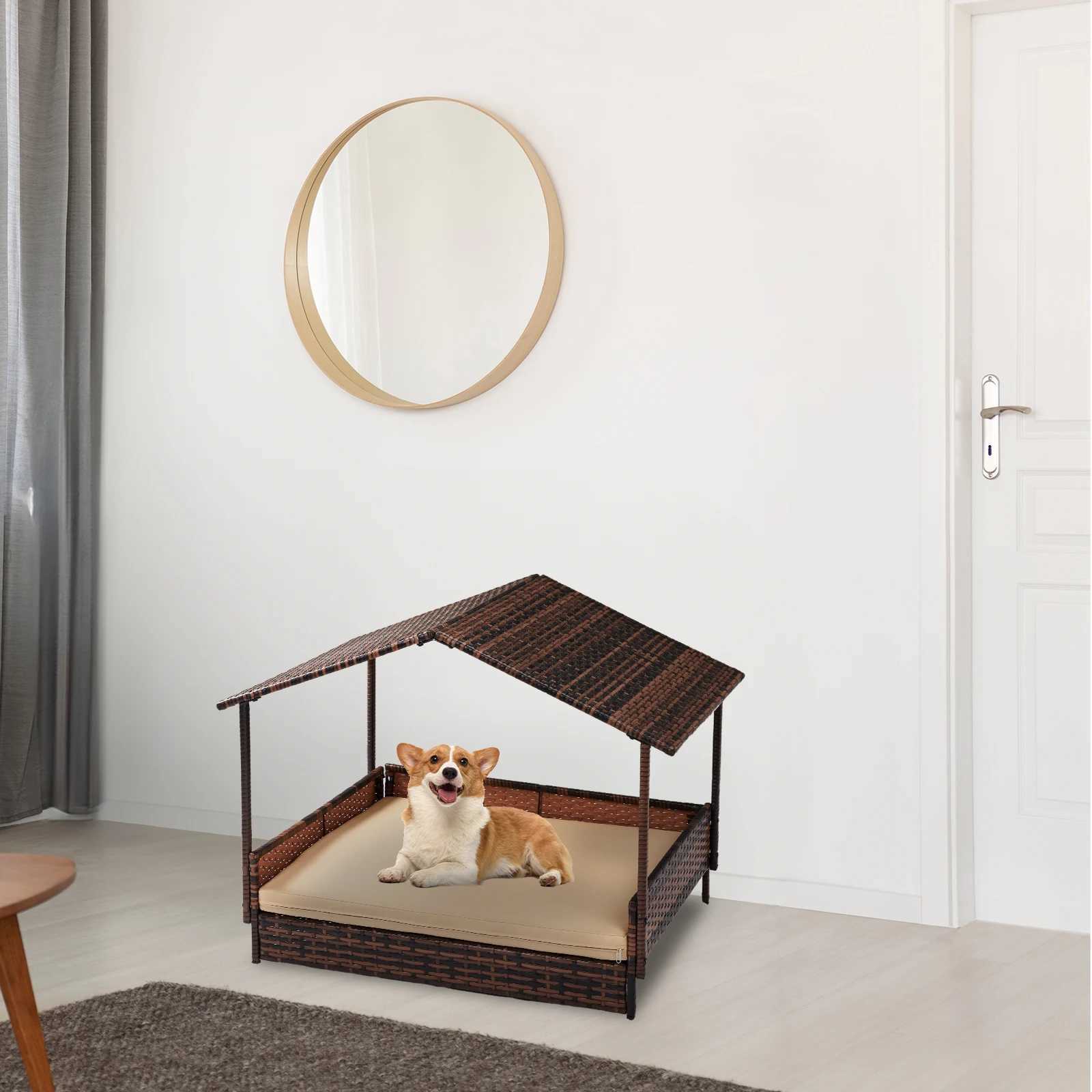 Dog house elevator with roof and washable mat cover Rattan dog bed indoor and outdoor pet house X250412