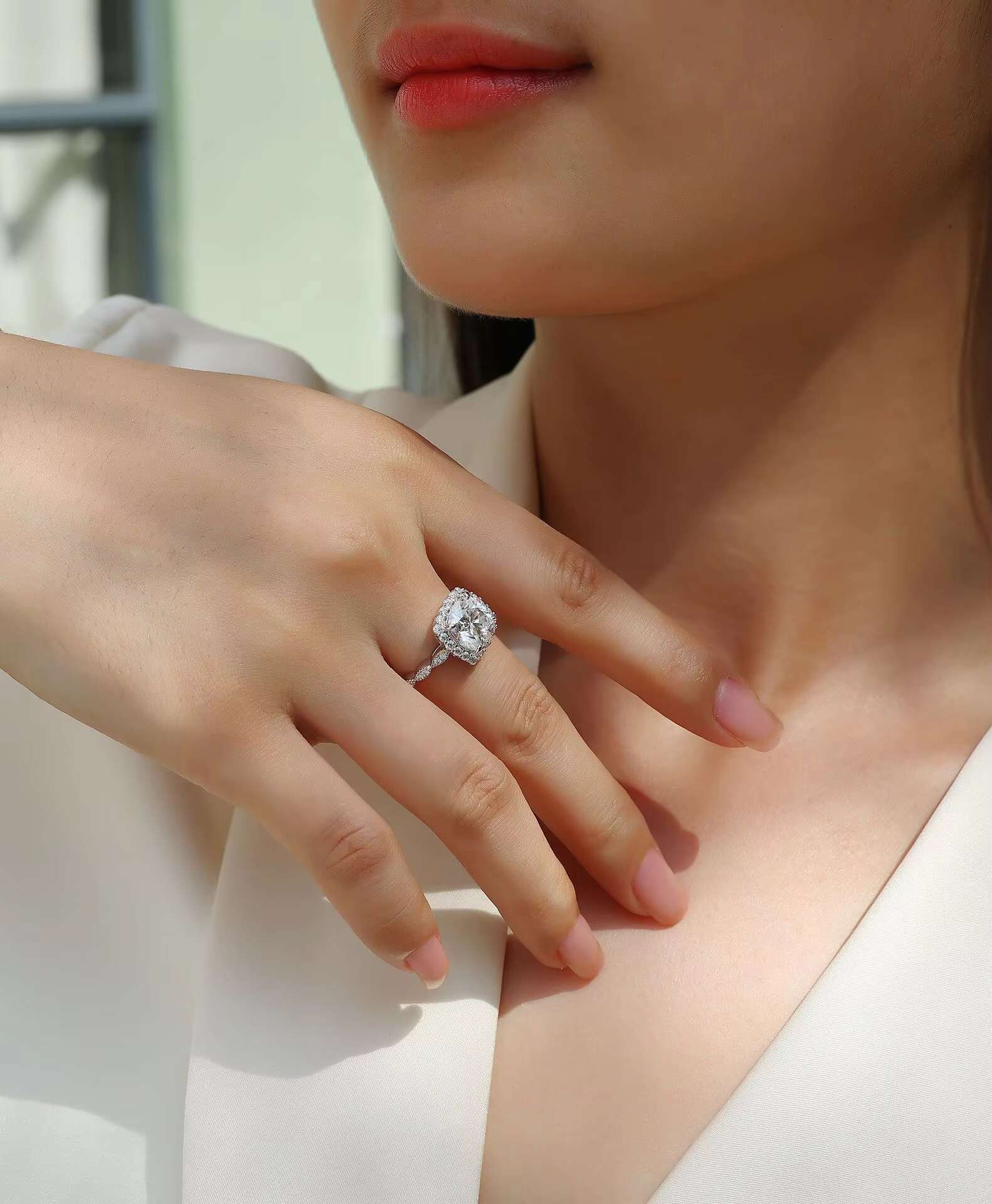 DE Cushion Cut Moissanite Women Ring Square Design 3ct Moissanite Women Ring D Color VVS1 Full Moissanite Silver Ring for Women